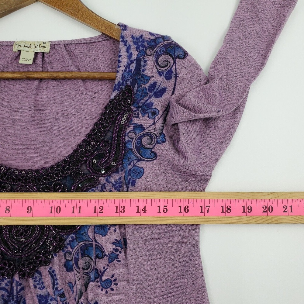Live and Let Live Womens S Purple Paisley Embellished 3/4 Sleeve Boho Top - Picture 13 of 14